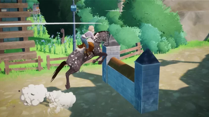 Персонаж на лошади прыгает через барьер в Horse Tales: Emerald Valley Ranch