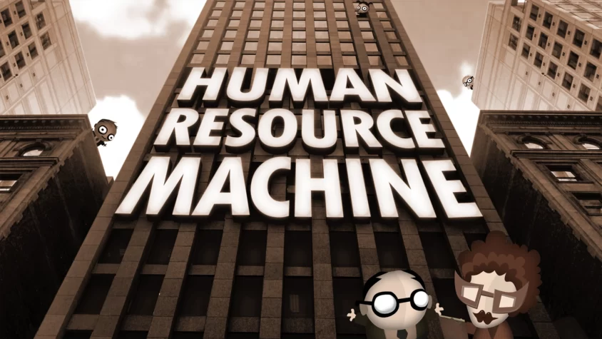 Обложка игры Human Resource Machine с изображением офисного здания и персонажей в мультяшном стиле