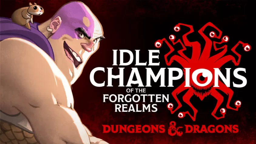Idle Champions of the Forgotten Realms Обложка игры Idle Champions, где нарисован огромный качок с фиолетовой головой и питомцем на плече, а на заднем плане нарисован монстр с несколькими глазами