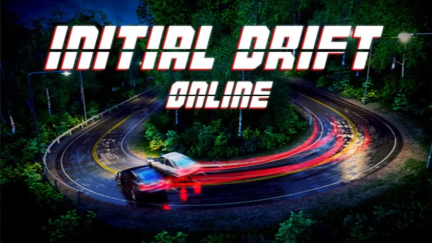 Initial Drift Online Обложка игры Initial Drift Online, на которой изображены два автомобиля, скользящие по извилистой дороге