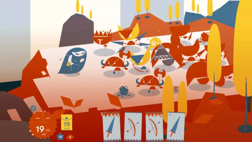 В игре Iris and the Giant героиня сражается с какими-то странными существами на ярко-оранжевом фоне, где всё это выглядит как картина в стиле минимализма