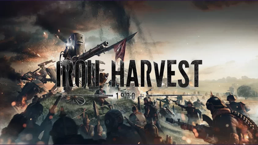 Обложка игры Iron Harvest с механическими войсками и разрушениями на фоне