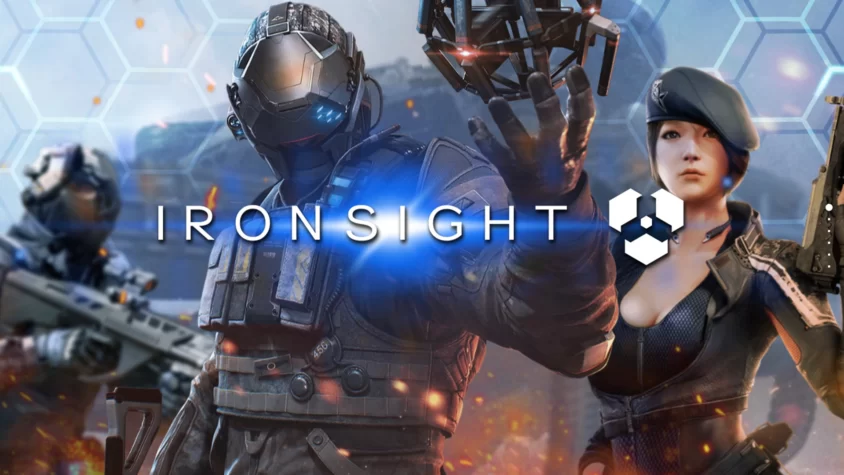 Обложка игры Ironsight — на ней два персонажа в экзоскелетах, готовые к бою, с яркими эффектами на фоне