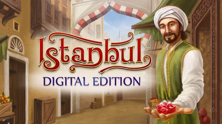 Обложка игры Istanbul: Digital Edition — впечатляющая картинка с восточной атмосферой и торговцем, готовым продать тебе что-то ценное