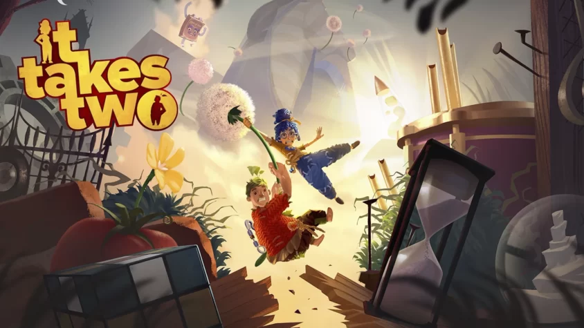 Обложка игры It Takes Two с персонажами, висящими на цветке одуванчика, и фантастическим фоном