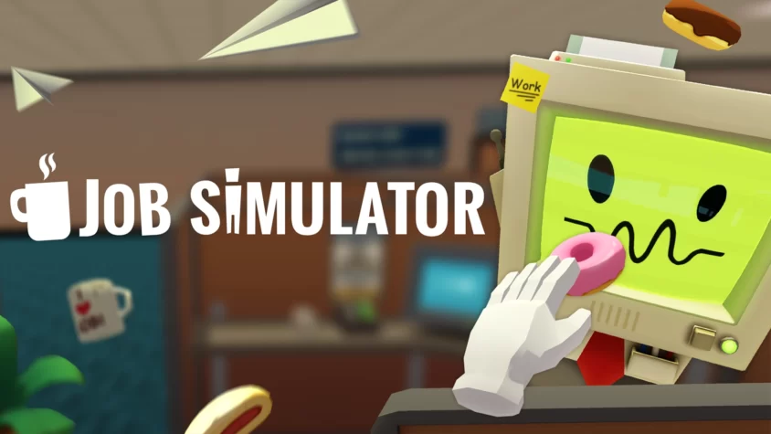 Job Simulator Обложка игры Job Simulator — идеальный рабочий день с компьютером, который ест пончик
