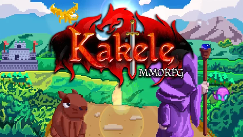 Обложка игры Kakele Online - MMORPG, с магом и волшебными существами в пиксельном мире