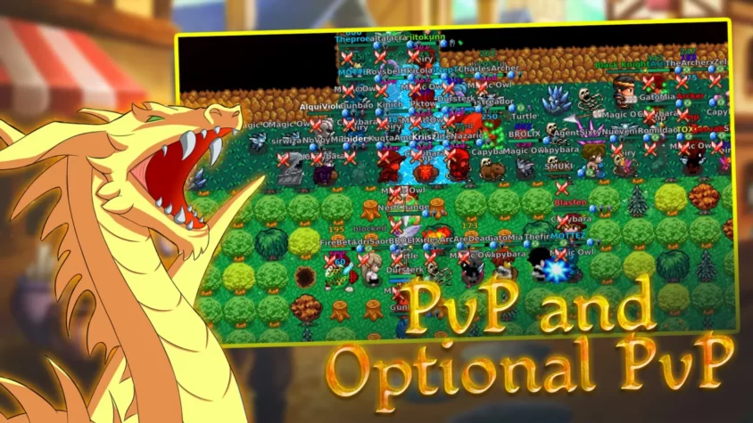 PvP и опциональный PvP в Kakele Online, где игроки сражаются друг с другом в хаосе пиксельного мира