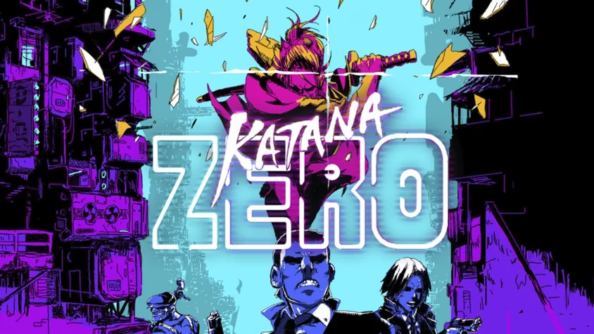 Обложка игры Katana ZERO с персонажем с катаной на фоне города в киберпанковском стиле