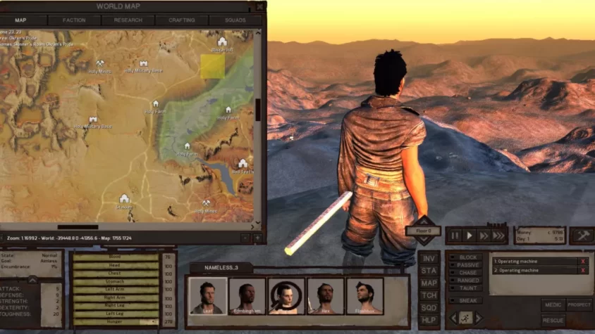 Персонаж на фоне горного пейзажа с картой и интерфейсом игры Kenshi