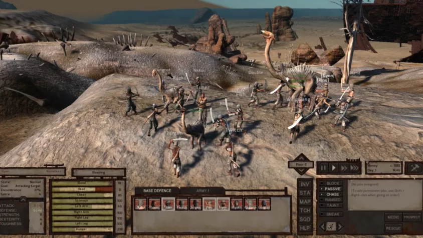 Персонажи сражаются с динозавроподобными существами в игре Kenshi