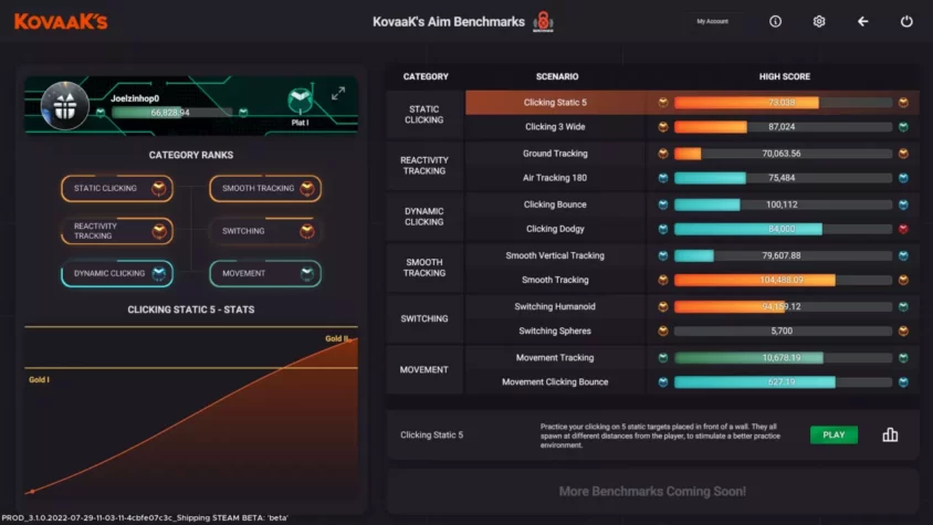 Интерфейс игры KovaaK's с результатами тренировок и категориями