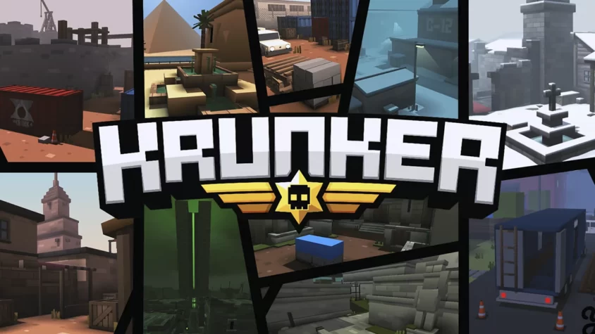 Обложка игры Krunker Обложка игры Krunker, картинка с несколькими игровыми локациями и логотипом игры в центре