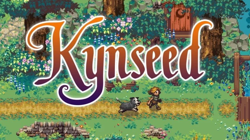 Главная обложка игры Kynseed с персонажем и собакой на фоне цветущего леса