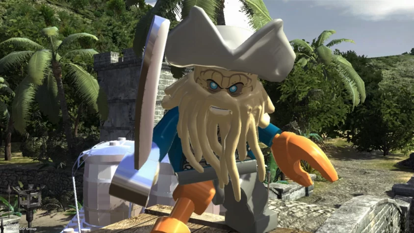 Дави Джонс в LEGO-стиле с клешней и мечом, на фоне джунглей