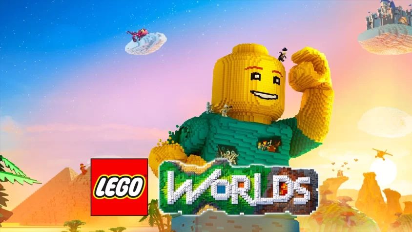 Lego Worlds — миры, созданные из Lego Обложка игры Lego Worlds с гигантской фигуркой Lego и веселыми персонажами на фоне яркого мира