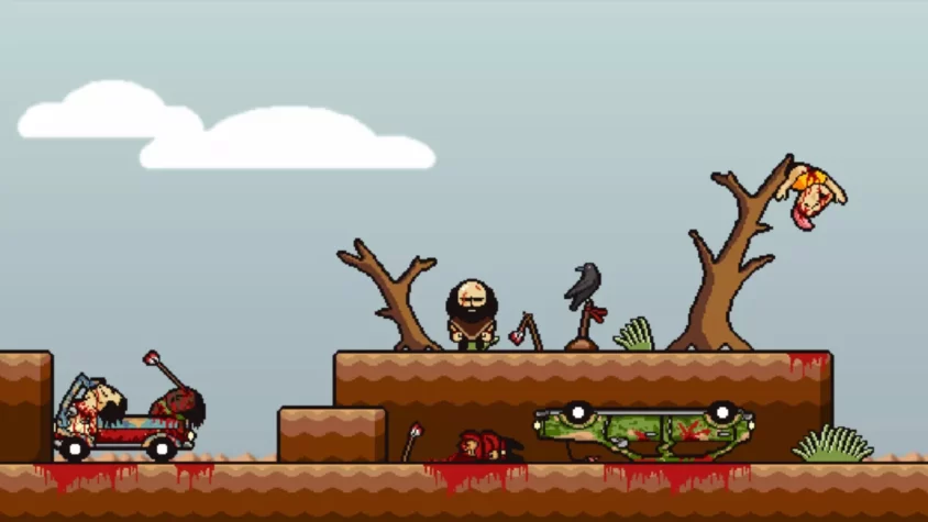 Персонажи игры LISA: The Painful на фоне пустынного ландшафта с жестокими и абсурдными сценами