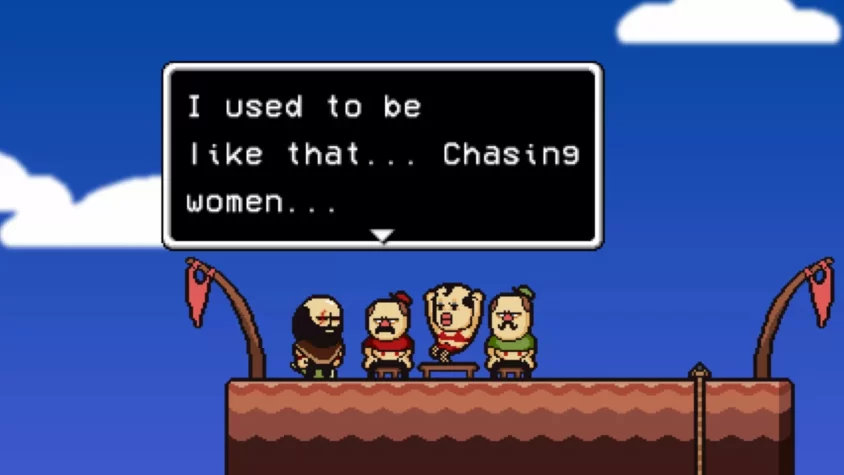 Диалог персонажей игры LISA: The Painful, где они иронично размышляют о прошлом и жизни