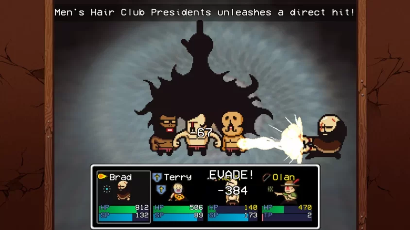 Боевая сцена в LISA: The Painful, где персонажи сталкиваются с «Президентом клуба мужских причесок»