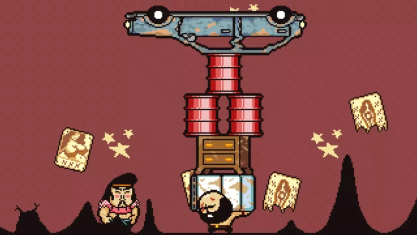 Персонажи игры LISA: The Painful, сталкивающиеся с невообразимыми объектами и абсурдной ситуацией