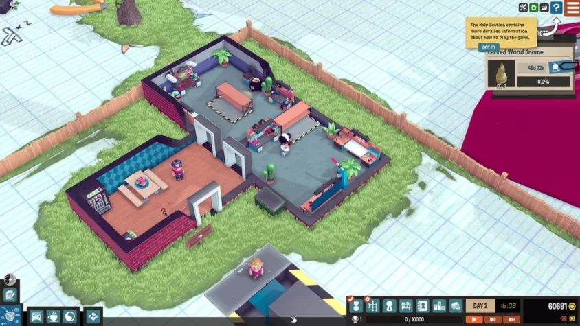Мастерская в игре Little Big Workshop с деталями производства и рабочими