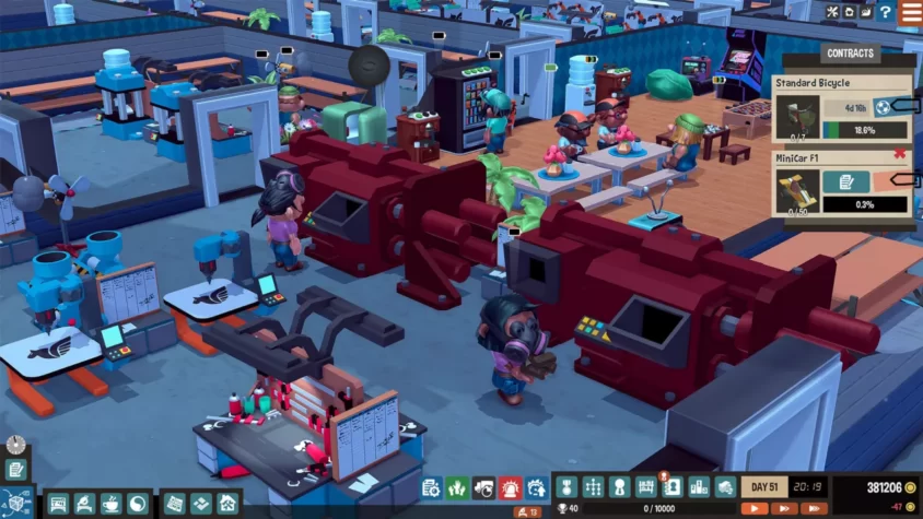 Производственные линии в игре Little Big Workshop с множеством рабочих и машин