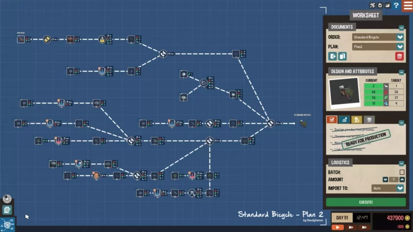 Процесс производства в игре Little Big Workshop с планом сборки велосипеда