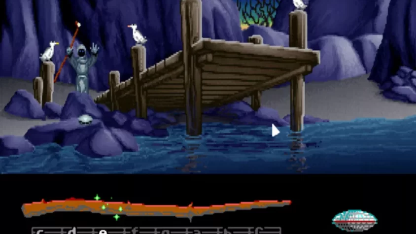 Персонажи LOOM на мосту, играют на музыкальном инструменте