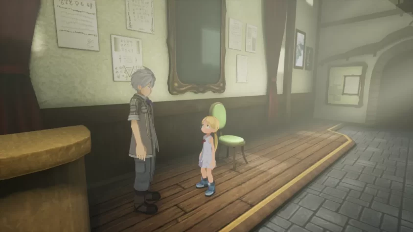 Персонажи из Made in Abyss: Binary Star Falling into Darkness, стоящие в помещении и обсуждающие важные вопросы, с фоном в виде старинных документов