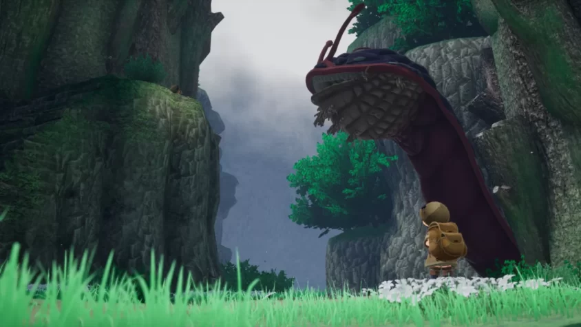 Персонаж из Made in Abyss: Binary Star Falling into Darkness стоит перед гигантским монстром, готовым предложить ему свою версию приключений