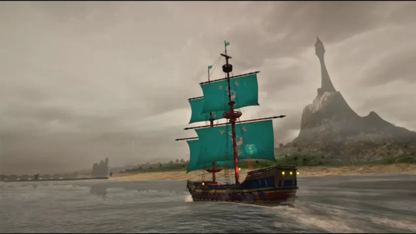 Пиратский корабль в игре Man O' War: Corsair на фоне величественной горы