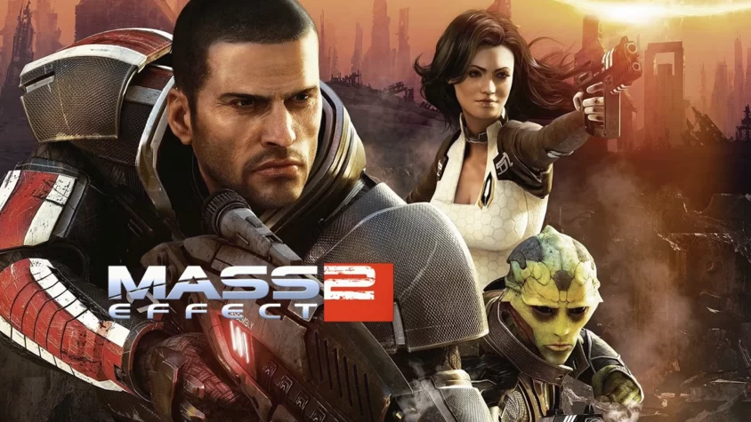 Обложка игры Mass Effect 2 Главные герои Mass Effect 2, готовые сразиться с космическими угрозами