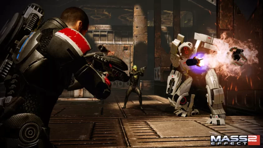 Шепард и его команда в бою с роботом в Mass Effect 2