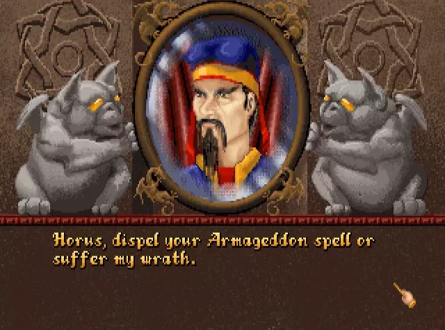 Персонаж в Master of Magic Classic угрожает другому магу, окружённый кошками