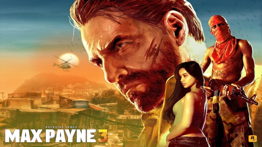 Обложка игры Max Payne 3 с изображением Макса Пейна и нескольких персонажей на фоне города