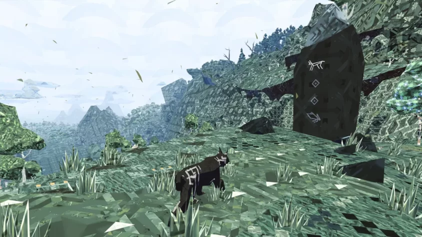 Игровой процесс Meadow, персонаж исследует полигональную местность с камнем и растительностью