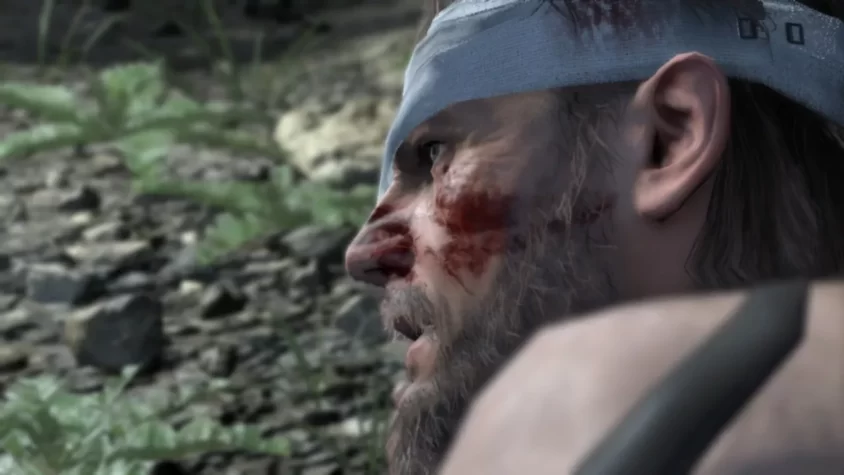 Сцена из игры Metal Gear Solid V: The Phantom Pain, Снейк с ранением на лице