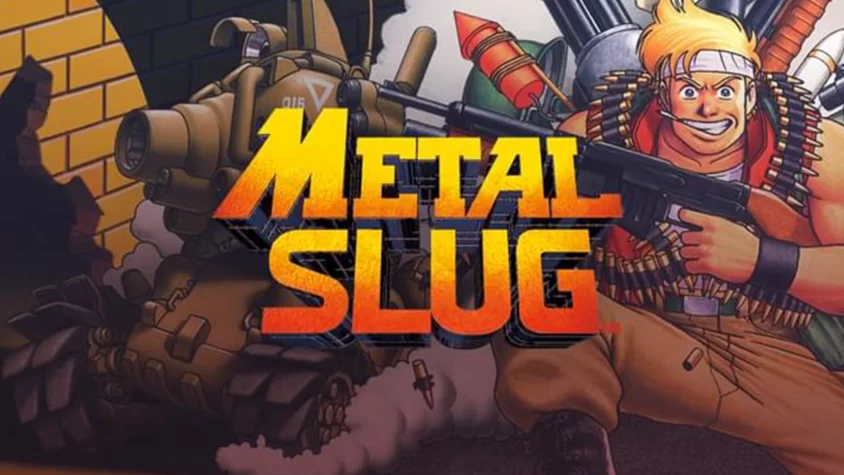 Обложка игры Metal Slug, на которой изображен главный герой с оружием на фоне танка