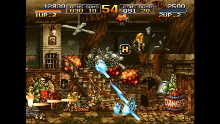 Геймплей Metal Slug, где герои сражаются с врагами на фоне разрушенной стены