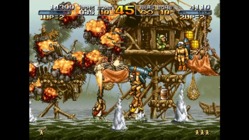 Геймплей Metal Slug, где персонажи сражаются, а вокруг взрываются объекты и летят пули