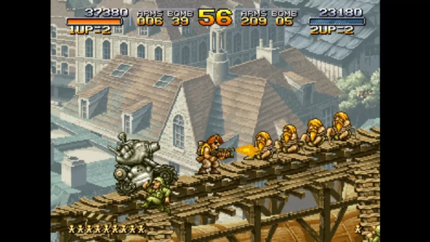 Геймплей Metal Slug, где персонажи сражаются на мосту, а на фоне виден город