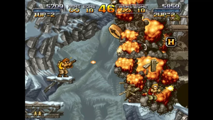 Геймплей Metal Slug, где герой сражается на ледяной платформе среди взрывов и разрушений
