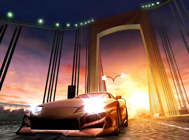 Гоночный автомобиль на фоне моста с закатом в игре Midnight Club II