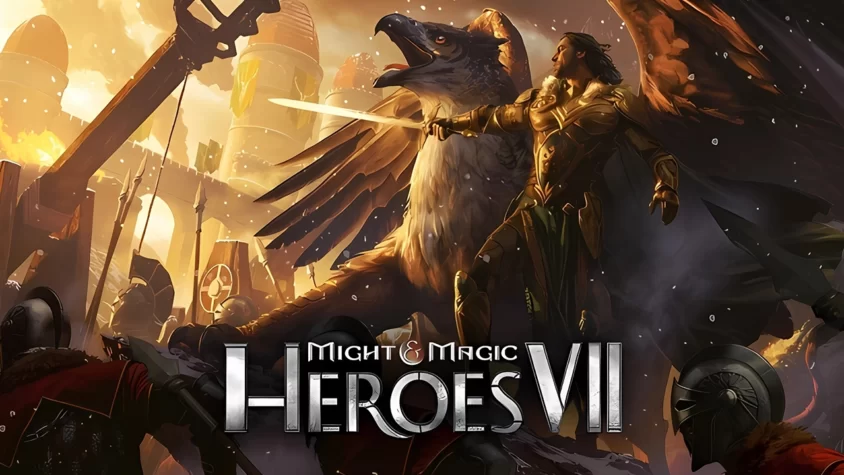 Обложка игры Might & Magic Heroes VII Обложка игры Might & Magic Heroes VII, показывающая эпическую битву с воином, сражающимся на фоне разрушенного города и огромного грифа