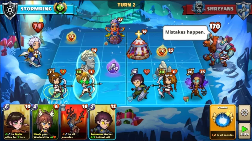 Игровой процесс Mighty Party с картой и персонажами, сражающимися на поле битвы