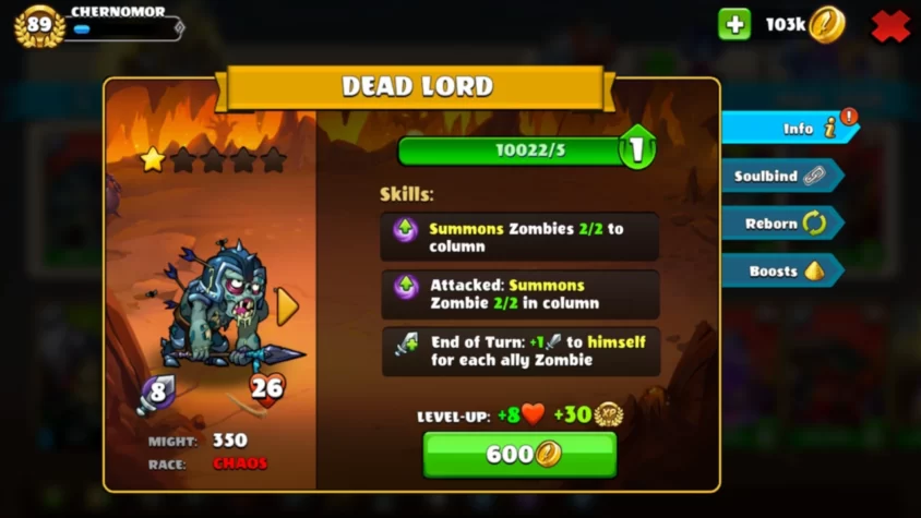 Персонаж Dead Lord с его характеристиками и умениями в Mighty Party, готов к битве с зомби