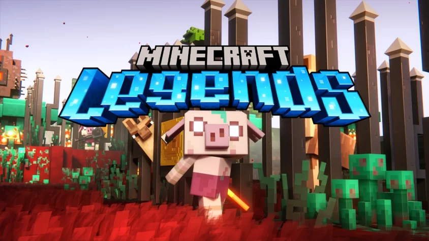 Обложка игры Minecraft Legends с пиксельным поросёнком, держащим палку в окружении враждебных существ