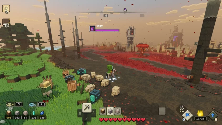 Главный герой Minecraft Legends с армией маленьких союзников, направляется по заражённой территории