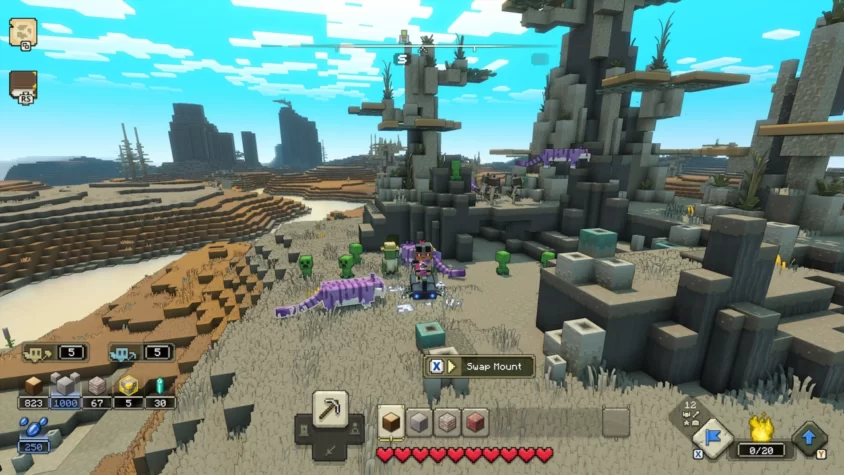 Главный герой Minecraft Legends на динозавре с зелёными компаньонами в пустынном ландшафте