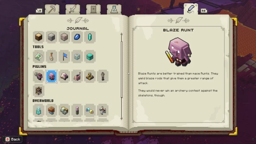 Журнал Minecraft Legends с информацией о Blaze Runt — более тренированных пиглинах с огненными палками
